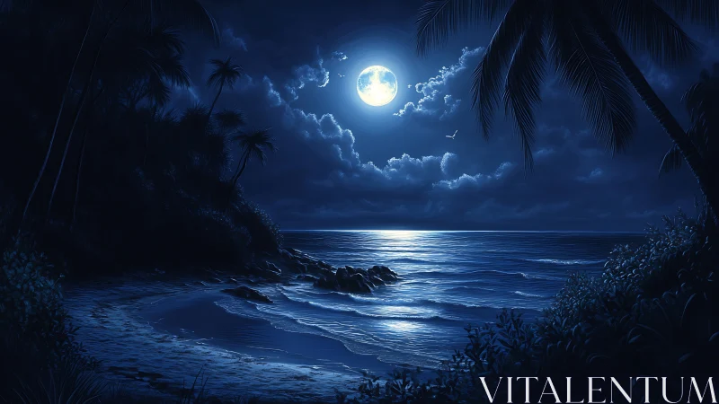 Moonlit Tropical Beach Cove with Luminescent Celestial Reflection