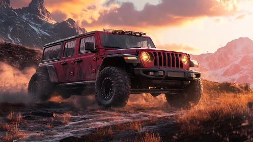 Red off road SUV powers through muddy mountain trail at dusk