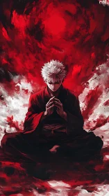 White haired warrior meditates beneath swirling red void.