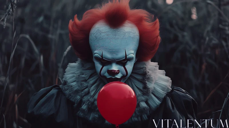 Sinister clown with red balloon in eerie twilight marsh.