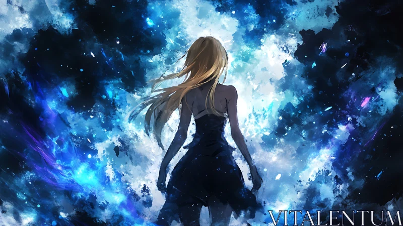 Starlit girl silhouette stands amid erupting cosmic blues.