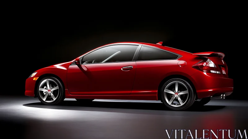 Side profile studio view of red sport compact coupe on black