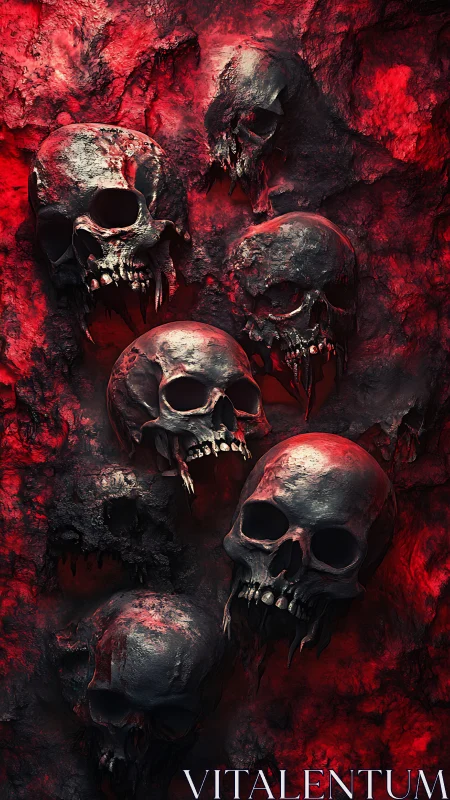Human skull cluster embedded in red textured rock wall.