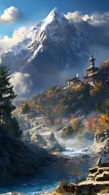 Snowcapped peak watches over autumn valley and river village.