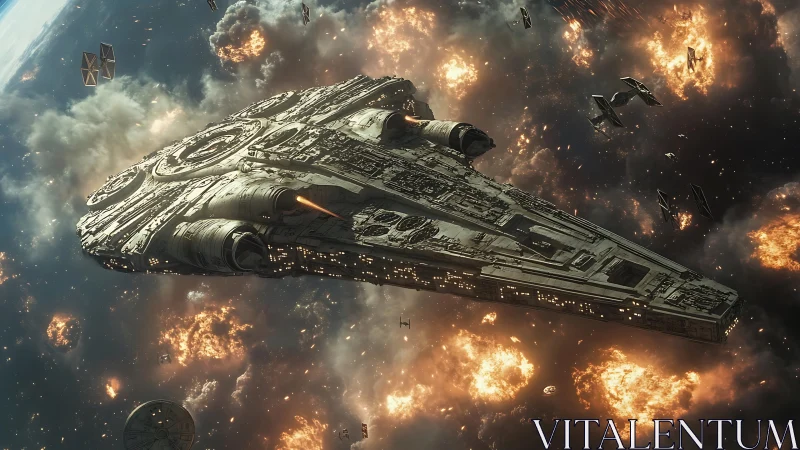 Large starship amid explosive deep space combat scene.