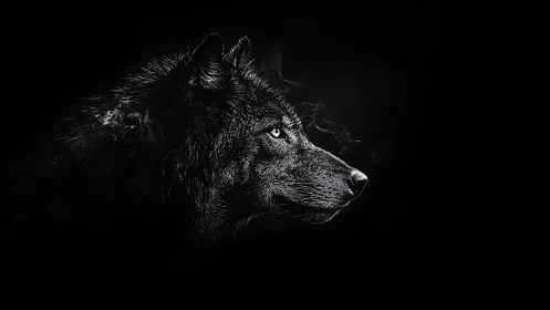 Wolf profile emerges from darkness in glowing silver detail.