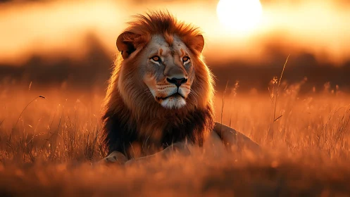 Majestic lion rests in glowing savanna sunset light.