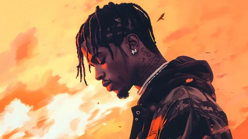 Side-profile digital portrait in dusk-saturated atmosphere.