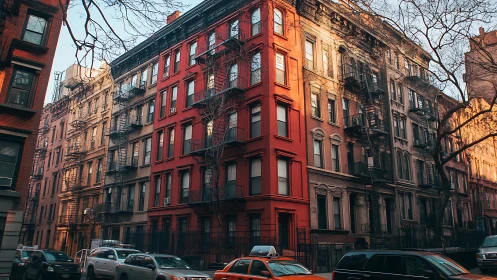 Red brick city apartments catch warm winter sunset light.