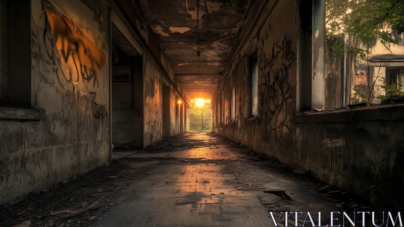 Abandoned corridor glows with haunting sunset light and decay.
