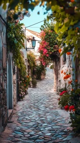 Sunlit cobblestone lane curls beneath a riot of blooming color