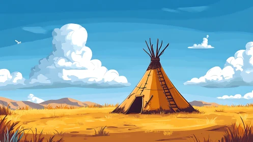Teepee standing on open grassland under bright sky.