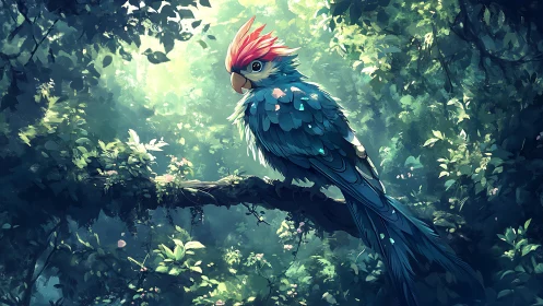 Vibrant Fantasy Parrot Perched on Jungle Branch, Digital Art Style.