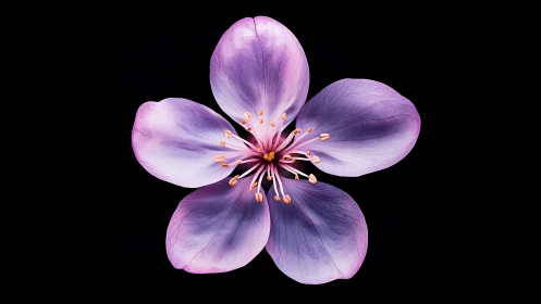 Purple Flower Bloom with Stamens Against Black.