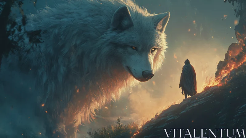 Colossal spirit wolf watches lone wanderer amid burning ridge