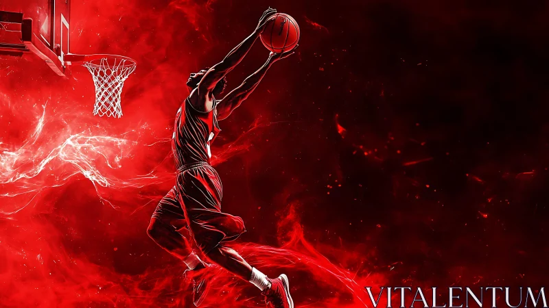 Explosive red digital painting of basketball dunk in motion