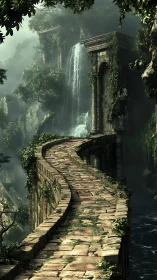 Curved stone walkway passes ruined columns beside waterfall