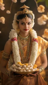 South Indian bride in gold silk with ceremonial sweets plate.