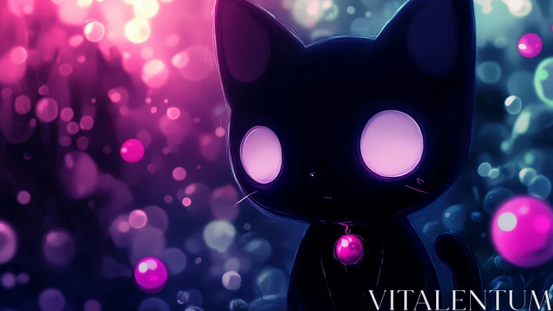 Dreamy glowing-eyed black cat in a soft neon wonderland.