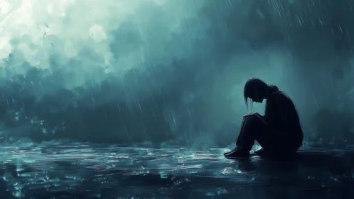 Quiet figure in the rain finding solace in stormy blue night.