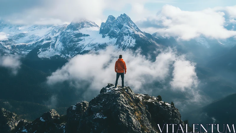 Solo hiker on snowy alpine ridge above dramatic cloud valley.