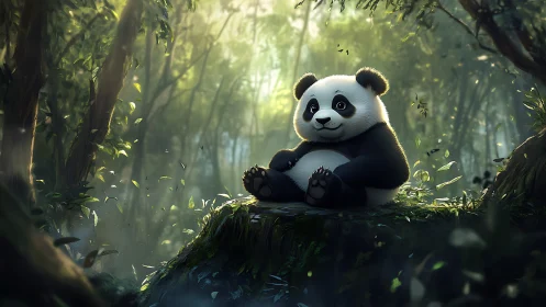 Cartoon panda sitting on mossy rock in dense forest light.