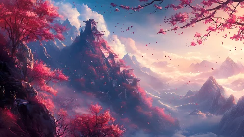 Terraced mountain temples under cherry blossom sunrise haze