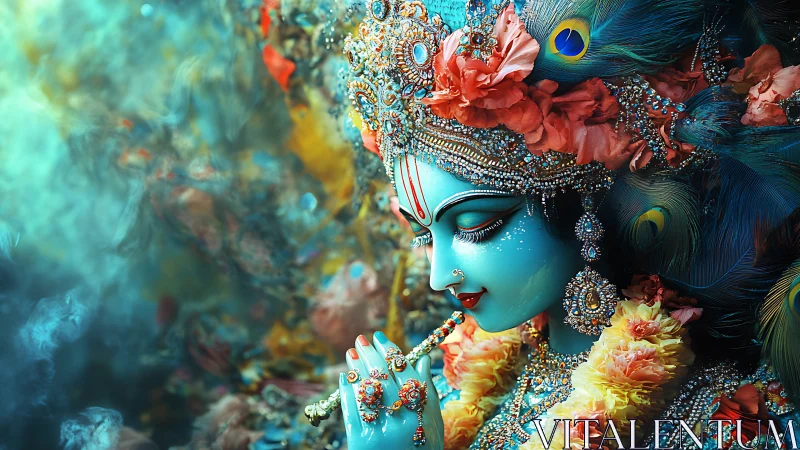 Blue-skinned figure in ornate jeweled attire plays a flute