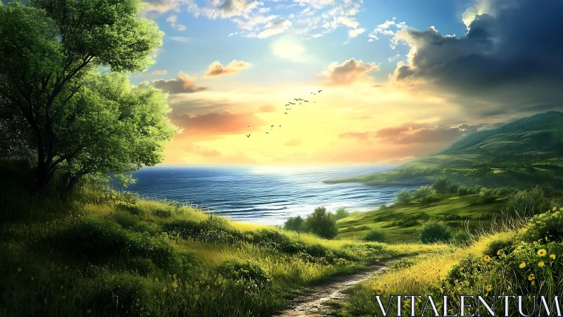 Sunlit coastal meadow path drifting toward the quiet sea.