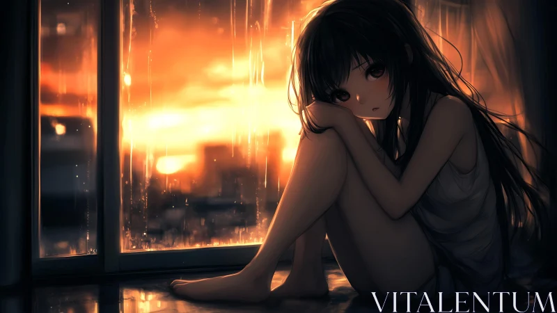 Rainlit dusk wraps a quiet anime girl in molten amber hush