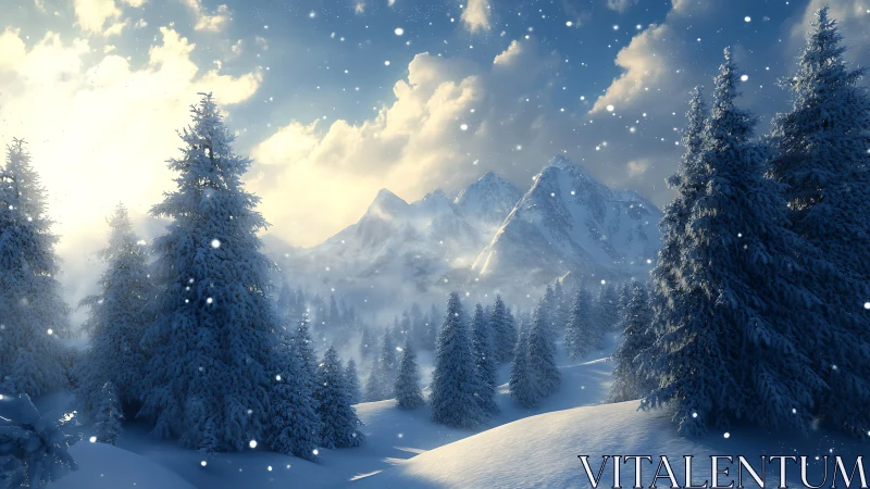 Snow-draped pines cradle mountains glowing in winter light