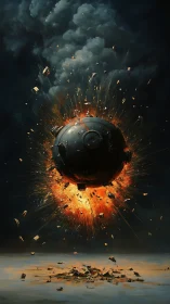 Digital painting of suspended explosive orb in detonation burst.