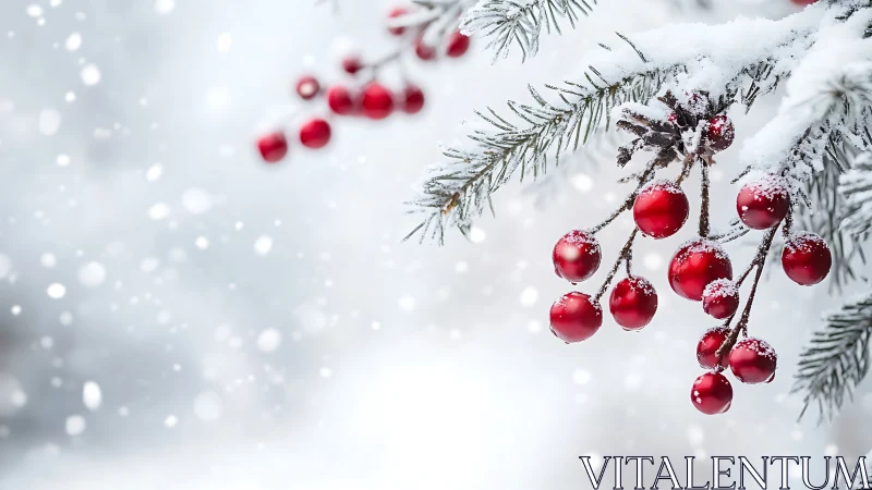 Crimson winter berries shimmering on snow-dusted spruce.