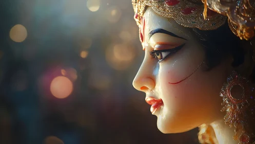 Photorealistic side profile of ornate devotional sculpture portrait.