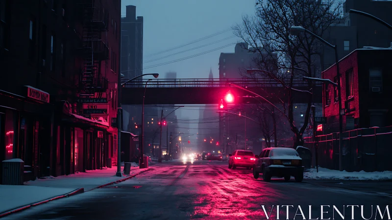 Snowy urban street sits under red traffic lights at dusk