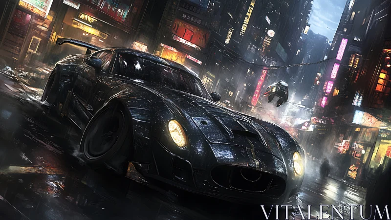 Night rain street chase with black racing car in city.