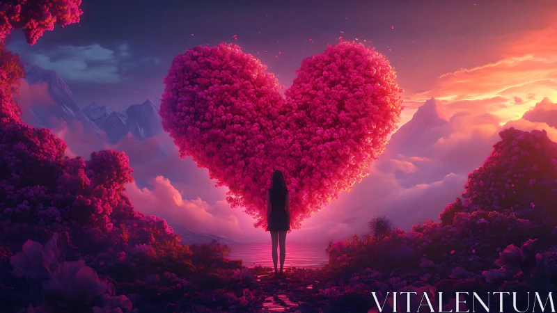 Silhouette Before Heart-Shaped Flowering Tree at Sunset.