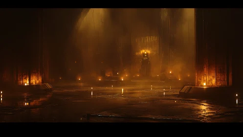 Emberlit throne room shrouded in towering industrial gloom.