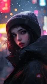 Woman in winter coat under neon city snowfall at night.