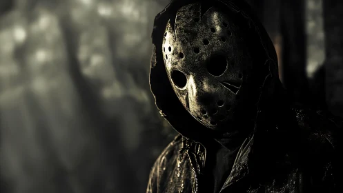 Cinematic horror portrait with masked figure in chiaroscuro lighting.