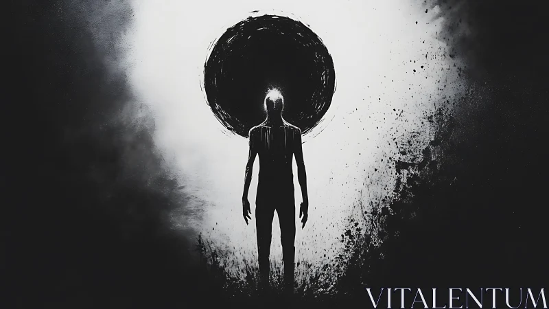 Silhouette walks into a painted eclipse of its own mind