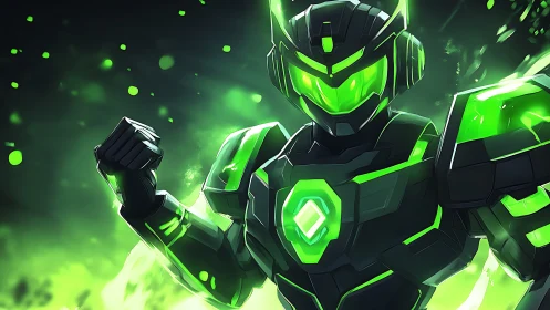 Neon sentinel punches through a storm of emerald plasma light