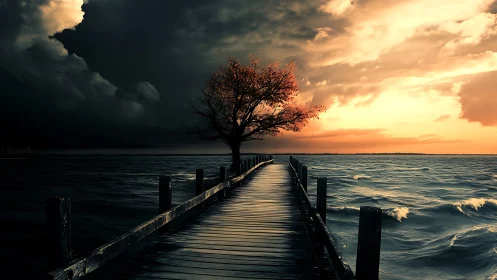 Storm-lit pier converges on solitary autumn tree at chiaroscuro horizon