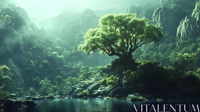 Solitary tree occupies central rocky island in misty valley