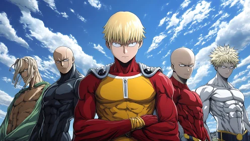 Five stylized male figures stand aligned under a clouded sky