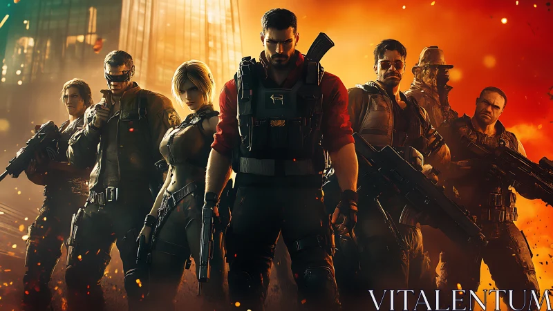 Heavily armed futuristic squad posed in burning cityscape.