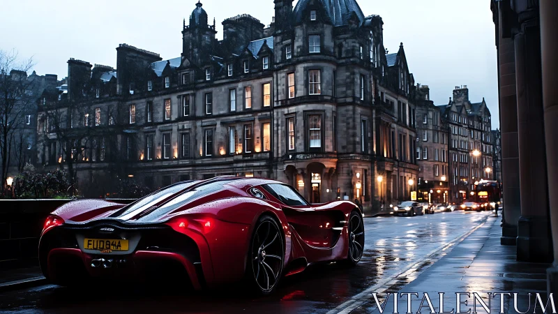Red hypercar lines wet city street beside historic stone facades