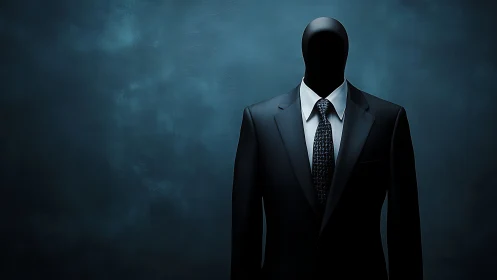 Faceless executive drifts like a shadow in tailored silence