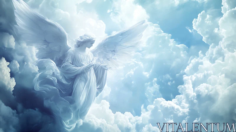 Gentle guardian angel drifting softly through bright clouds.