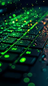 Backlit keyboard macro isolates neon droplets in shallow focus